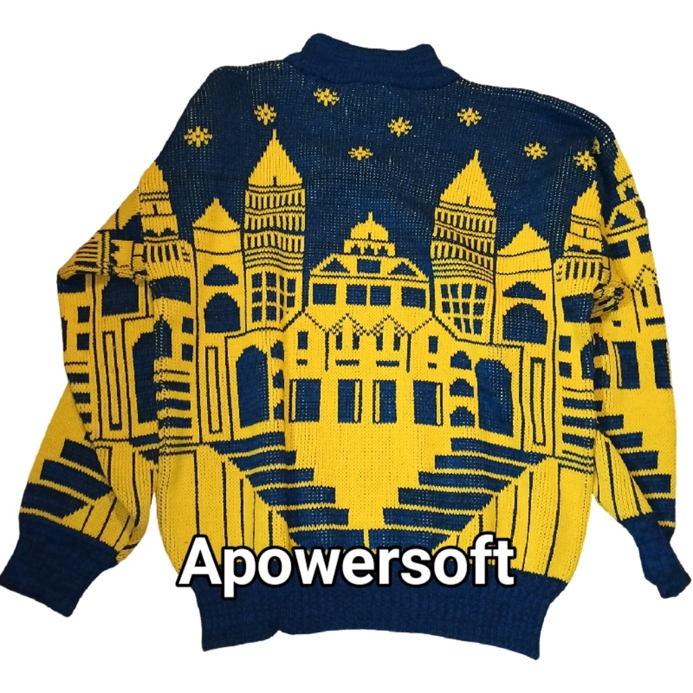Vintage Blue & Yellow Cityscape Intarsia Sweater